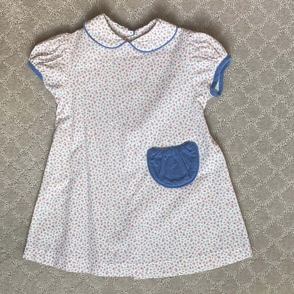 Girls' White Floral Dress with Blue Cord Trim and Pocket